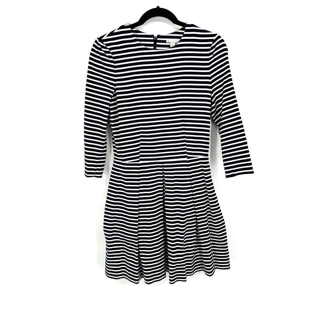 GAP Black White Striped 3/4 Sleeve Pleated Fit & Flare Office Mini Dress Size 4